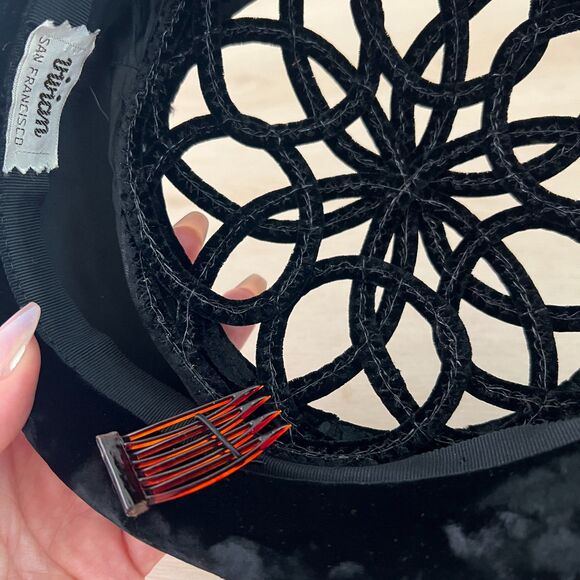 Vintage 50s Black Velvet Open-lattice Pom Pom Pillbox Hat, Vivian San Francisco main image 15